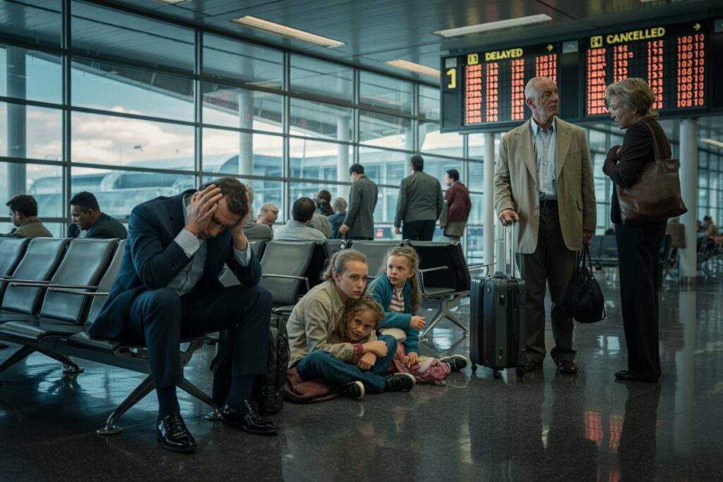Man in a suit sits with his head in his hands in an airport lounge while a mother and two children sit on the floor with their belongings nearby, looking worried in front of a flight board.