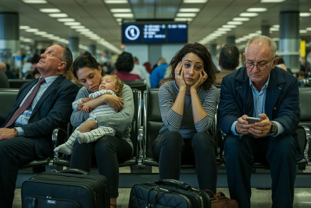 Travelers sit in an airport terminal: a mother cradles a sleeping baby, a woman beside her looks stressed, and an older man checks his phone, with suitcases in front of them.