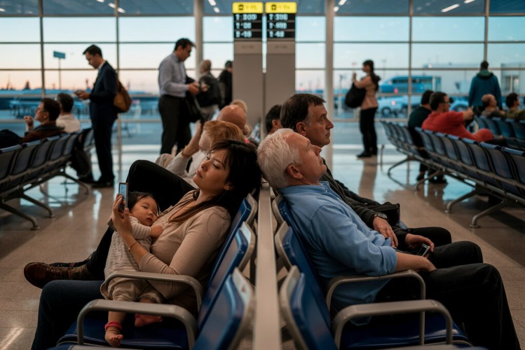 Mother and child seated in an airport waiting area, she holds a phone to take a selfie as other travelers sit nearby.