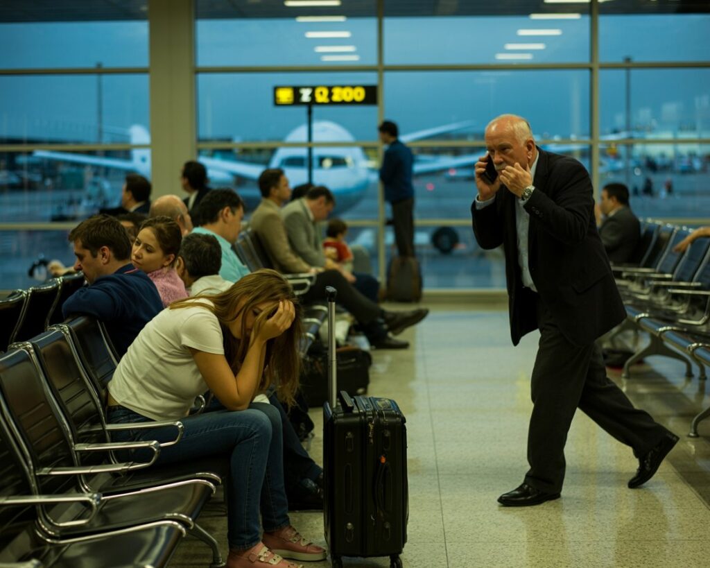 Distressed woman sits with head in hands at an airport terminal, a rolling suitcase beside her, as a suited man hurries by on his phone.