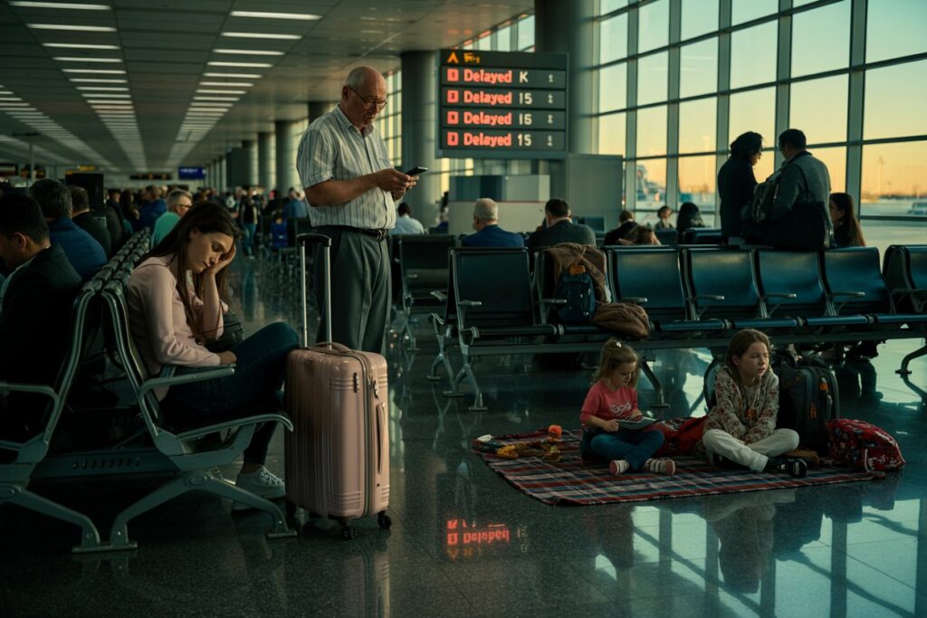 Airport waiting area: a man stands using his phone while two children sit on a blanket with luggage nearby.