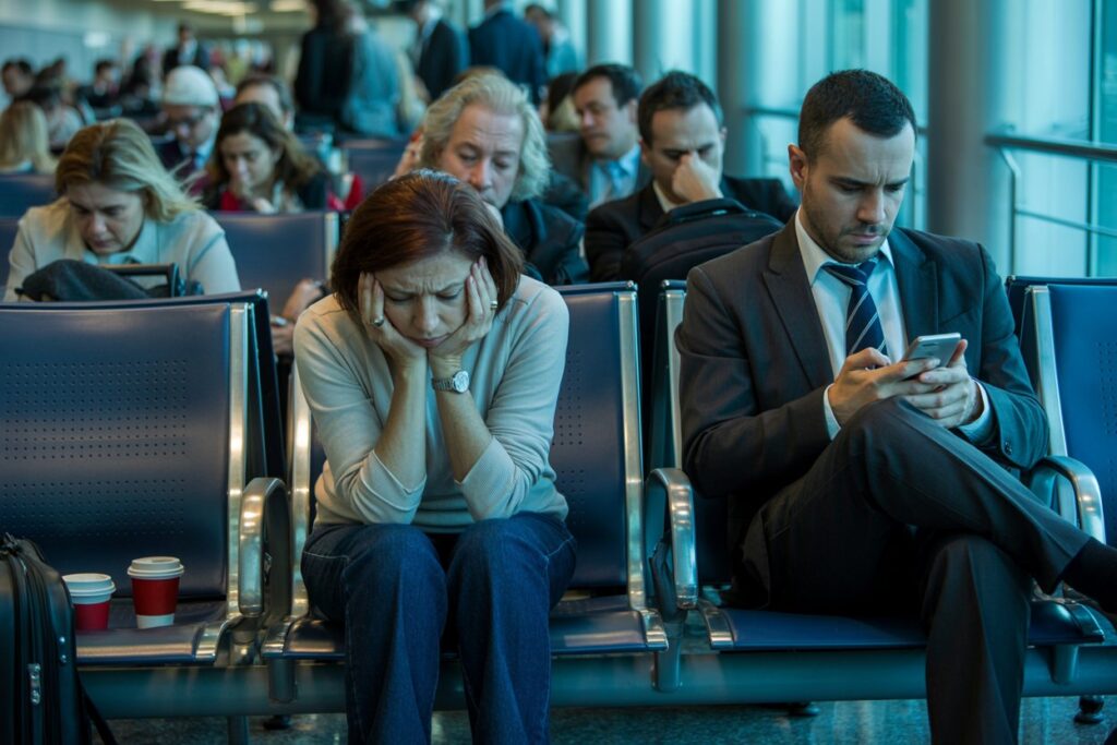 Person seated in a busy airport or terminal waits, hands on temples, looking stressed while others use devices nearby.