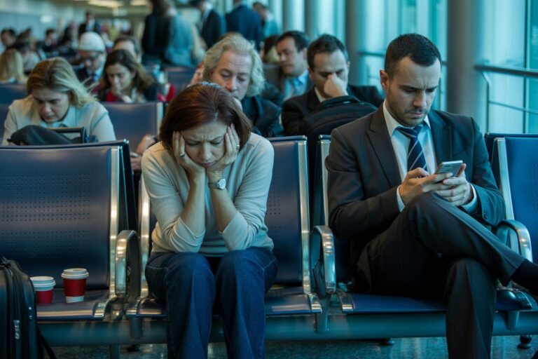 Person seated in a busy airport or terminal waits, hands on temples, looking stressed while others use devices nearby.