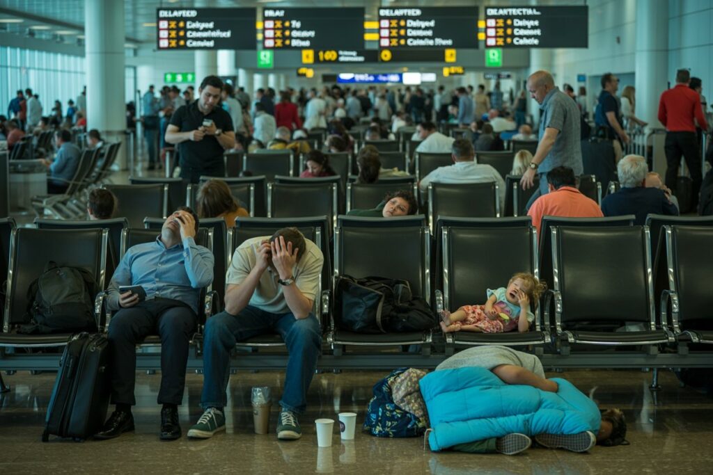 Busy airport departure lounge with exhausted travelers; one man sits with his head in his hands, a child yawns on a seat, and others rest or wait nearby.