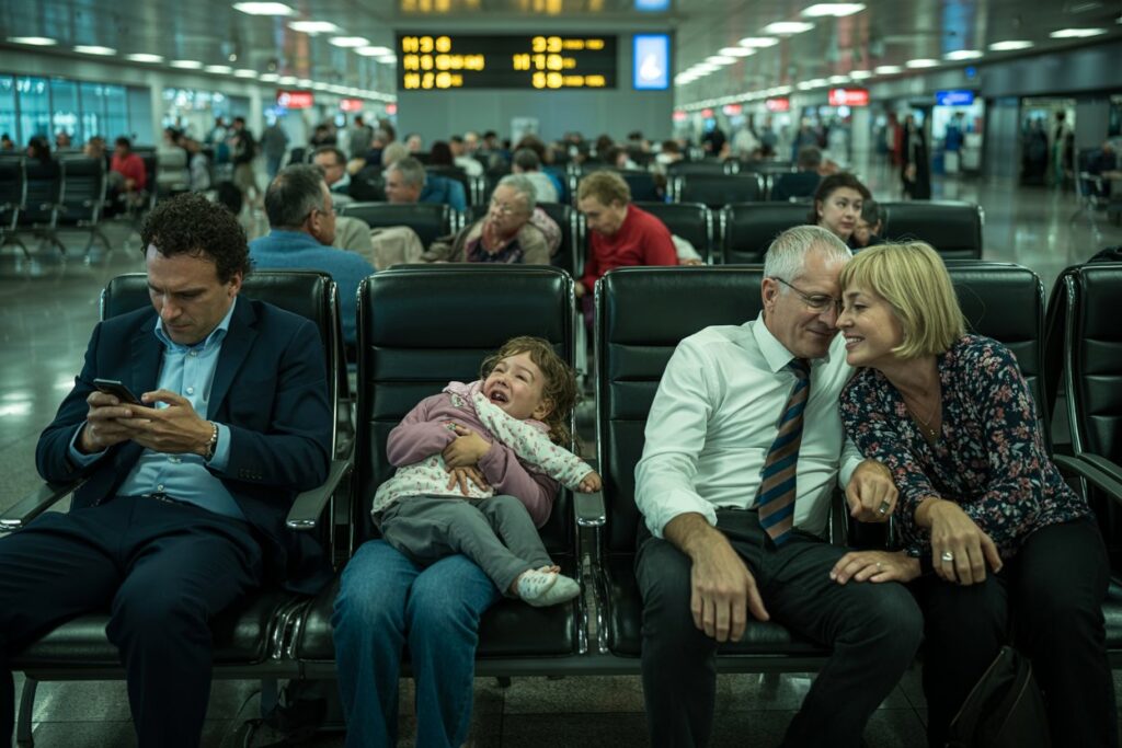 Man in a dark suit uses his phone while a child sits on a woman’s lap; a smiling couple sits nearby in an airport terminal.