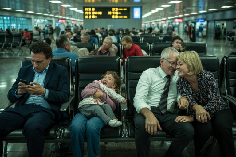 Man in a dark suit uses his phone while a child sits on a woman’s lap; a smiling couple sits nearby in an airport terminal.