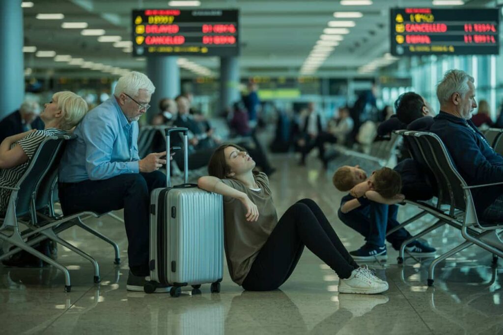 Young woman sits on the airport floor leaning against a silver suitcase while travelers wait in the background, lounge chairs behind her.