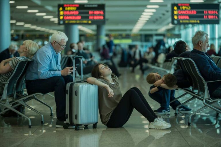 Young woman sits on the airport floor leaning against a silver suitcase while travelers wait in the background, lounge chairs behind her.