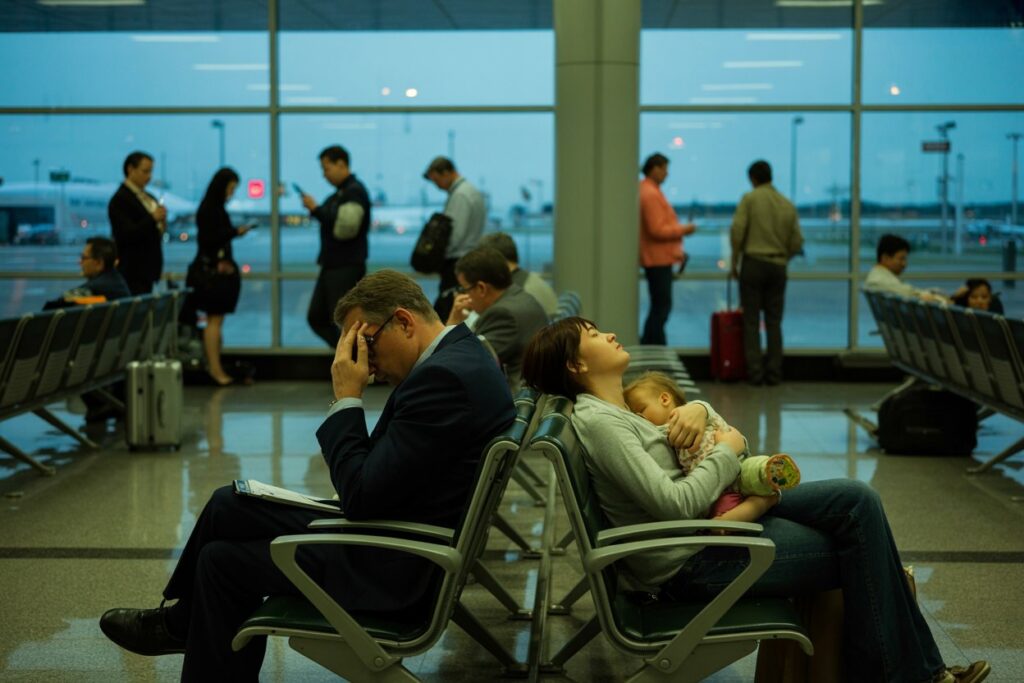 A man in a suit sits with his head in his hand while reading a magazine in a bright airport terminal. In the row behind him, a woman cradles a sleeping child on her lap.