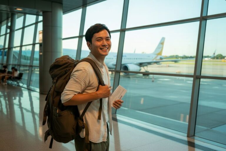 Smiling man with a large backpack in an airport terminal, holding boarding passes, with a plane visible through the windows.