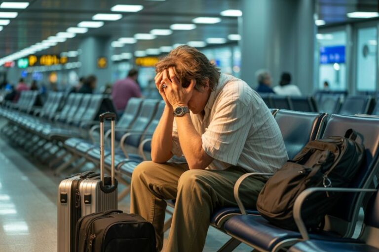 Traveler at an airport terminal sits with his head in his hands, surrounded by luggage and a backpack, looking stressed or exhausted.