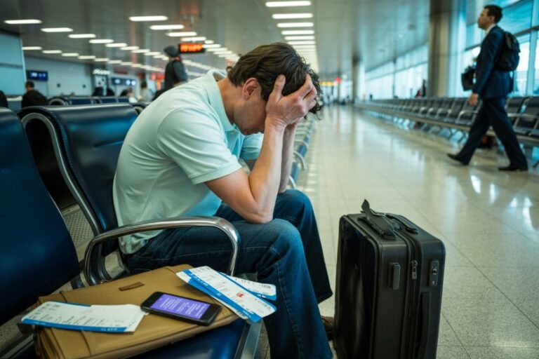 Man in an airport terminal sits with his head in his hands beside a suitcase and boarding passes on his lap.
