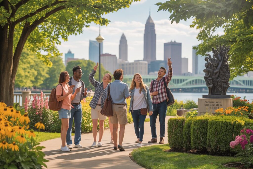 Group of friends posing and pointing toward the city skyline from a sunlit park with flowers and a sculpture nearby.