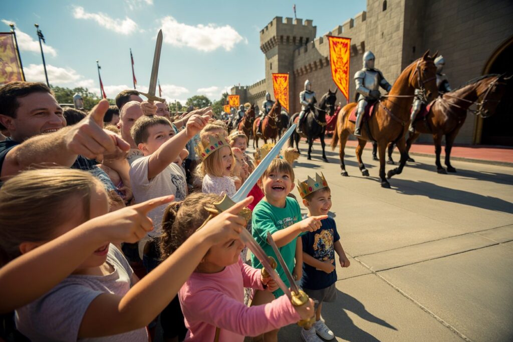 Children wearing paper crowns wave toy swords and point toward armored riders at a medieval parade beside a castle wall and on horseback guards. Passionate crowd cheers as knights ride by.