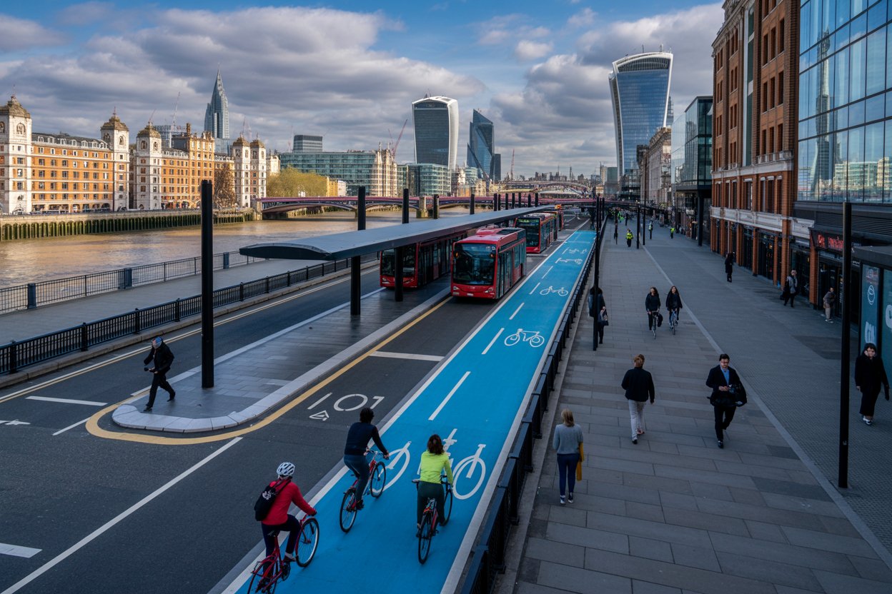 Rediscover London: Aldgate to Blackfriars Cycleway Featuring Scenic Floating Bus Stops