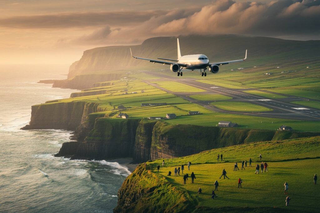 Airplane descending toward a coastal runway with cliffs, sea, and a grassy hillside filled with people watching nearby.