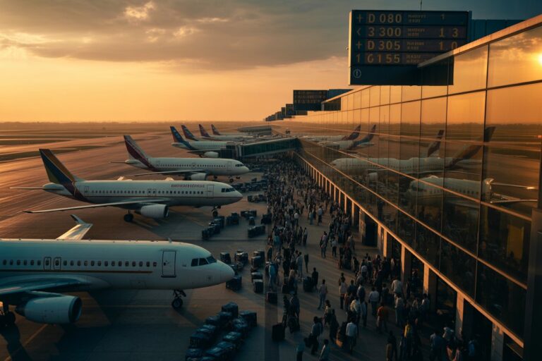 Crowded airport gate area at sunset with several airplanes parked and passengers lined up with luggage outside the terminal glass wall.