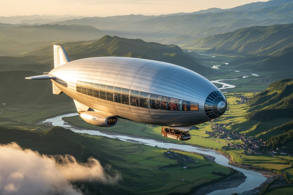 Large silver airship gliding over a green valley with a winding river and small villages at sunset