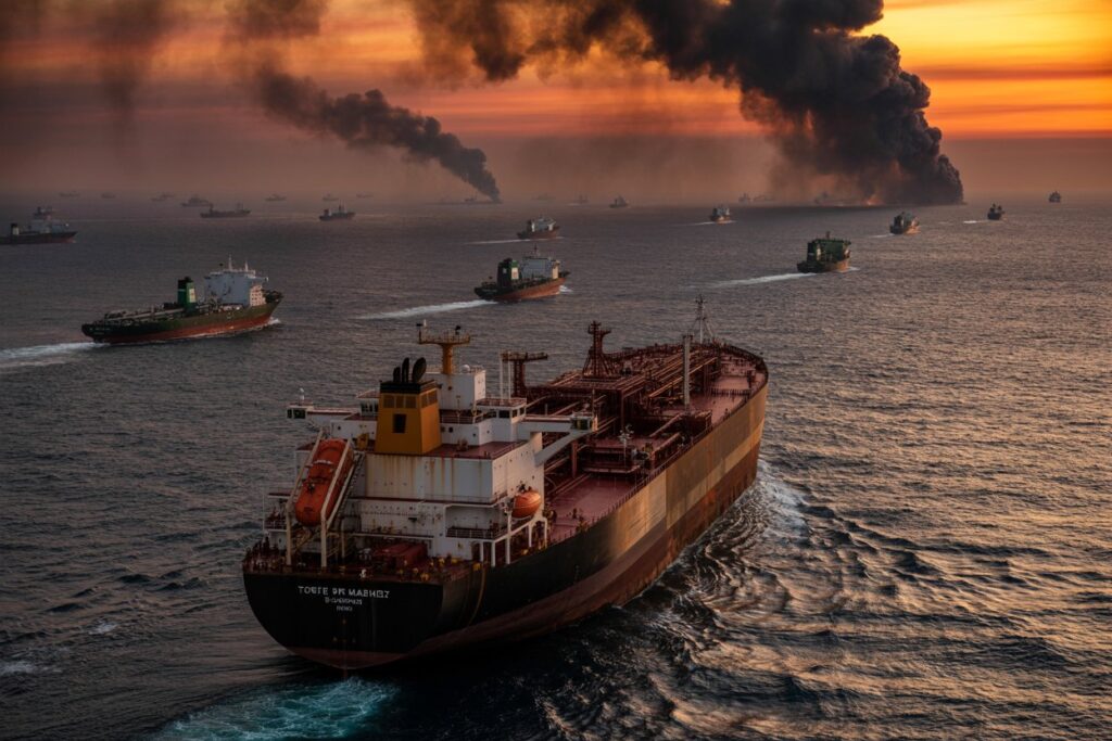 Large oil tanker sails through calm waters at sunset, with thick black smoke plumes rising on the horizon.