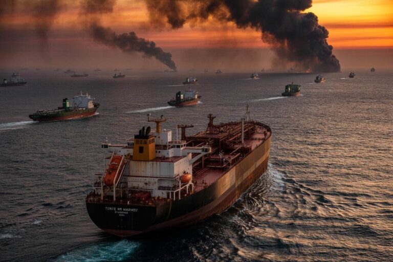 Large tanker sailing at sunset with dark smoke plumes rising from distant fires and smaller ships around it in rough seas
