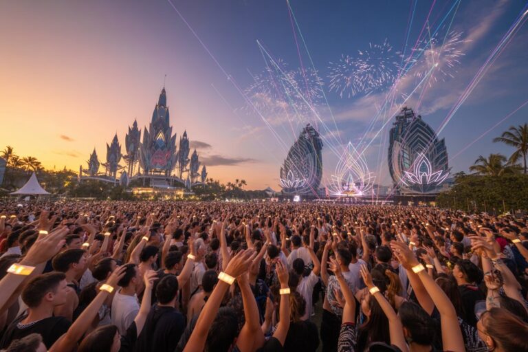 Massive crowd at an outdoor concert with raised hands, festival wristbands, and illuminated laser light show at sunset behind futuristic towers and fireworks.