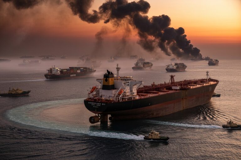 Massive tanker escorted by several tugboats at sunset as dark smoke rises from distant ships on the horizonChemicals or oil tanker context implied by the scene.