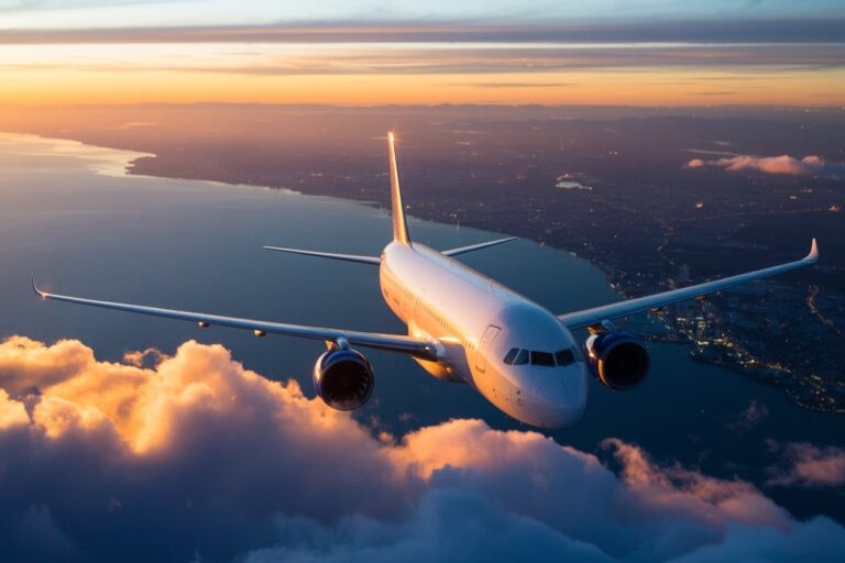 Commercial passenger jet flying above orange clouds at sunset over a coastal landscape.