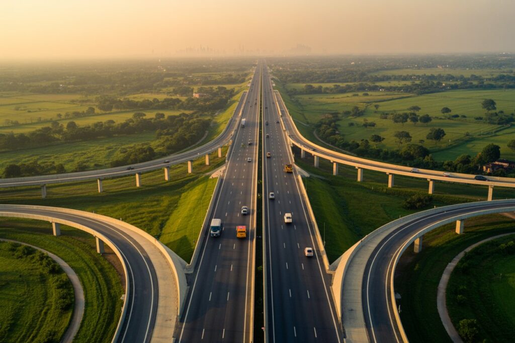Aerial view of a multi-level highway interchange with looping ramps stretching across green fields toward a distant city skyline at sunset.