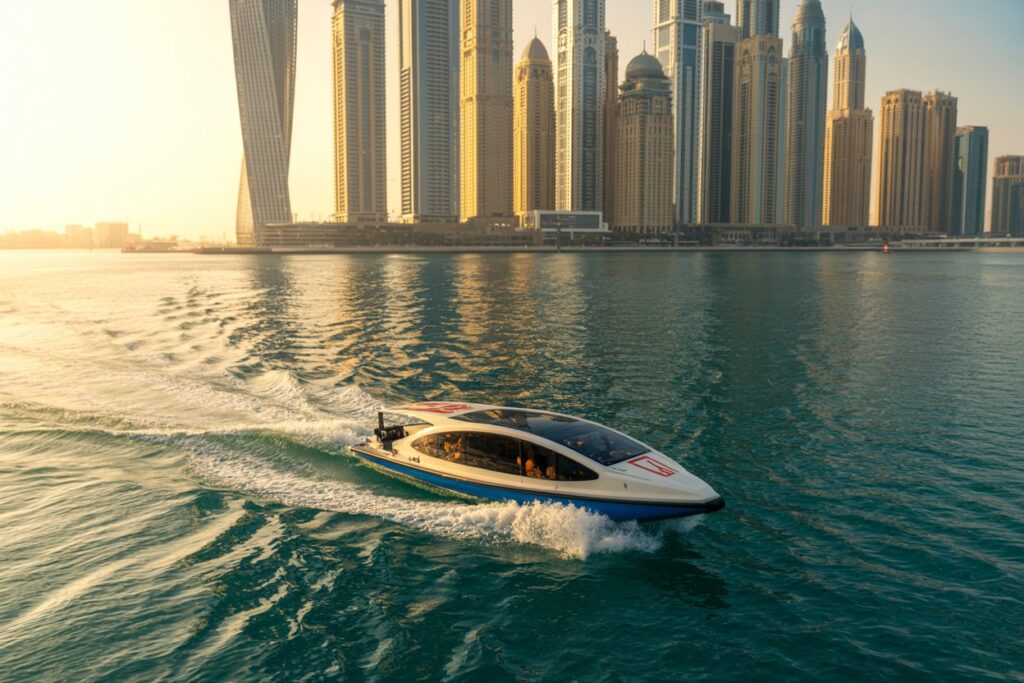 White speedboat gliding across turquoise water with a cluster of high-rise buildings along the Dubai Marina at sunset