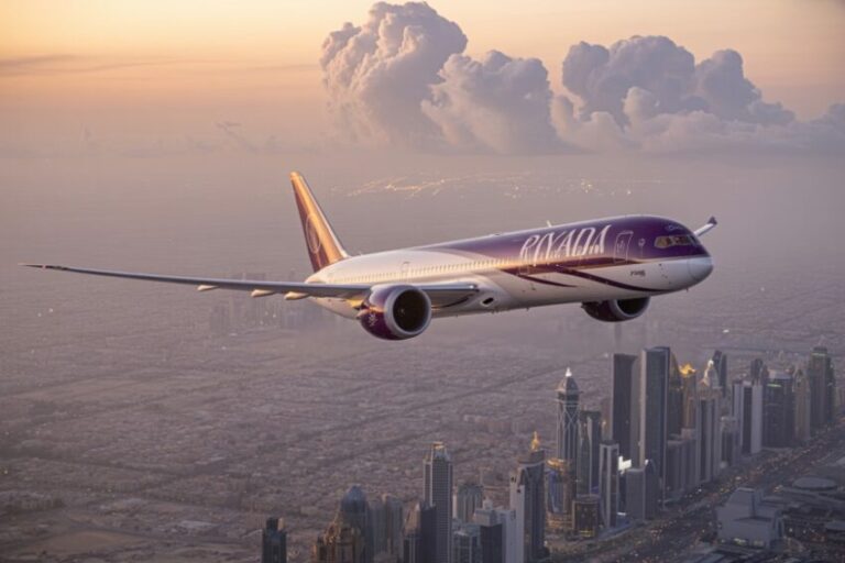 Ryanair passenger jet flying above a city skyline at sunset, wings extended over tall buildings below and warm skies.