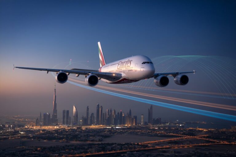 Emirates A380 cruising above a lit city skyline at dusk with colorful light trails around the plane.