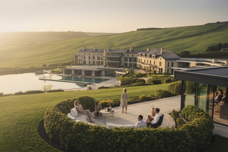 Luxurious resort terrace with a circular hedge seating area, people relaxing by a pool, sunset over rolling green hills and stone buildings in the background