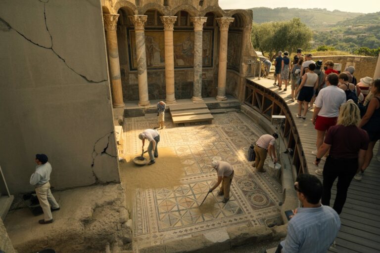 Tour group watches as workers restore an ancient mosaic floor in a stone-arched ruin plaza on a hillside.