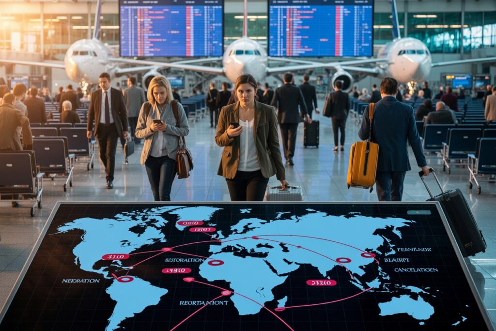 Airport terminal with travelers walking past a large world map showing flight routes on a touchscreen.",