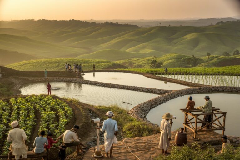 Terraced farming hills at sunrise with workers tending plots along stone paths and irrigation ponds.