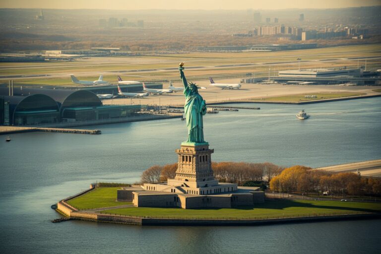 Statue of Liberty standing on its pedestal atop Liberty Island, with water around and an airport with planes in the distance behind.