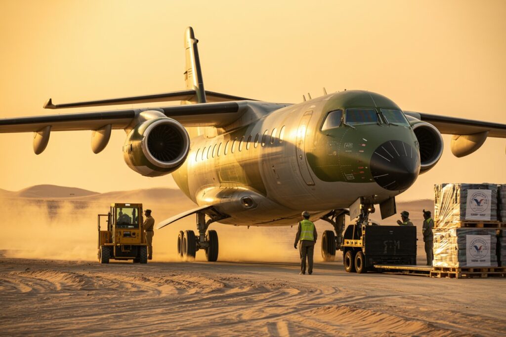 Desert tarmac with a green military jet being loaded by ground crew and pallets on a forklift.