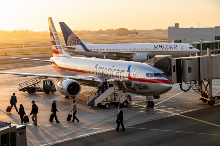 American Airlines jet at a gate with passengers boarding at sunset, a United plane visible in the background on the tarmac.