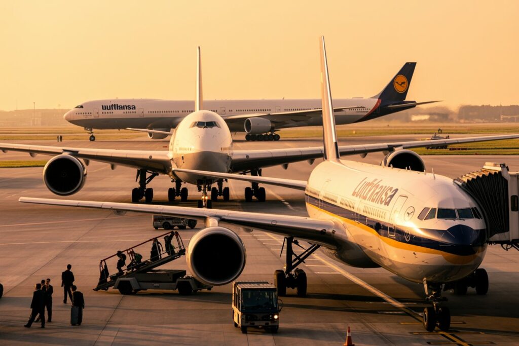 Two Lufthansa jets parked at gates by boarding bridges during sunset, with ground crew and luggage trolleys nearby civic activity visible in silhouettes.