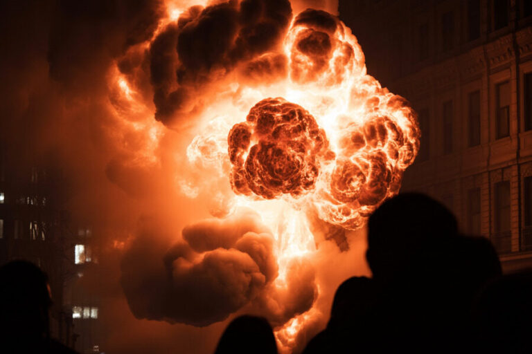 Urban explosion at night with a giant orange fireball and dark smoke, silhouetted onlookers in foreground.