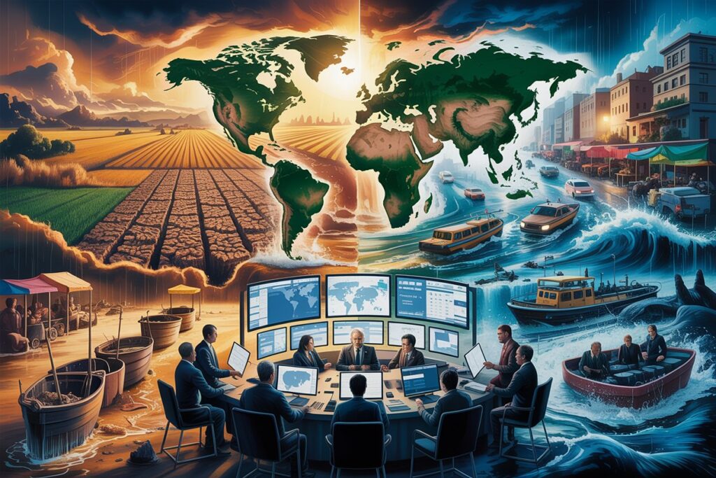 Global crisis illustration: split scene of drought and flood with a command center of analysts at monitors in the foreground.