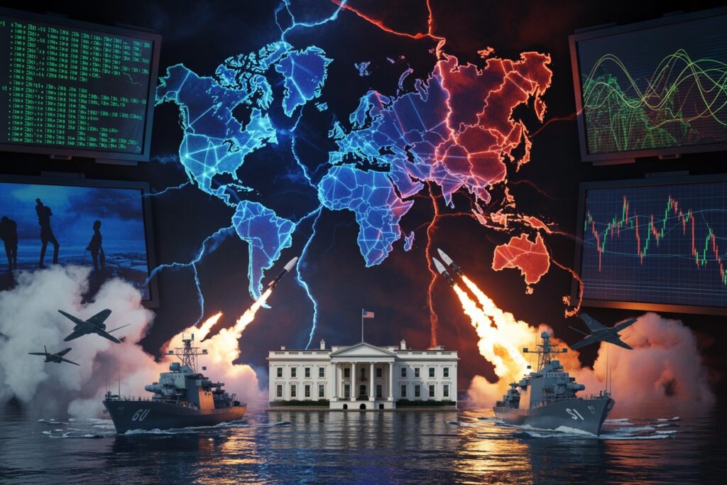 White House between two warships firing missiles, under a blue‑red electrified world map and multiple data screens.