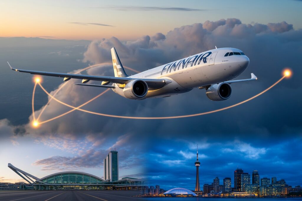 Finnair passenger jet flying above a city skyline at dusk, with curved light trails in the sky.