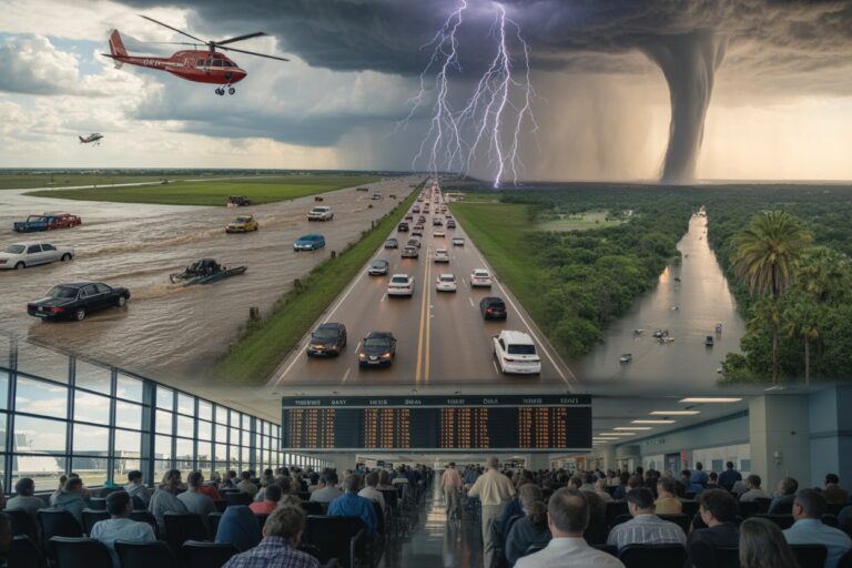 Composite scene: disasters colliding with travel chaos—helicopter over flooded highway, tornado with lightning, busy interstate, river flood, and crowded airport terminal with flight board start to finish.