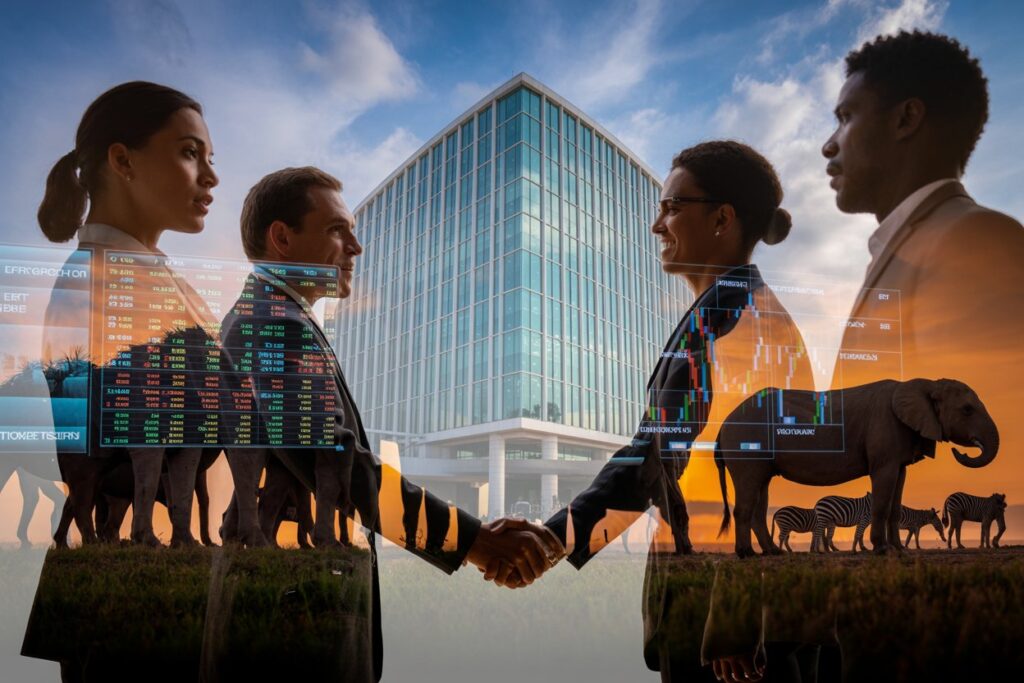 Professionals shake hands in front of a glass office building with stock data overlays and a savanna scene in the background.