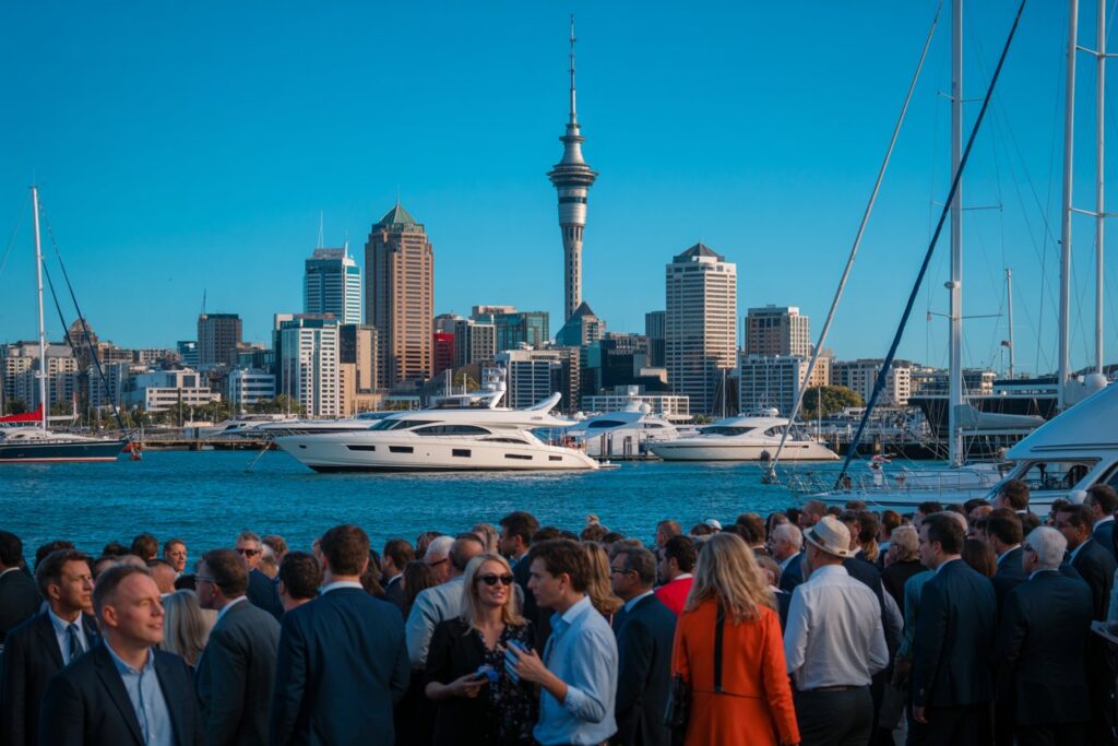 Crowd of well-dressed people at a marina, with luxury yachts and a city skyline featuring a tall tower in the background.