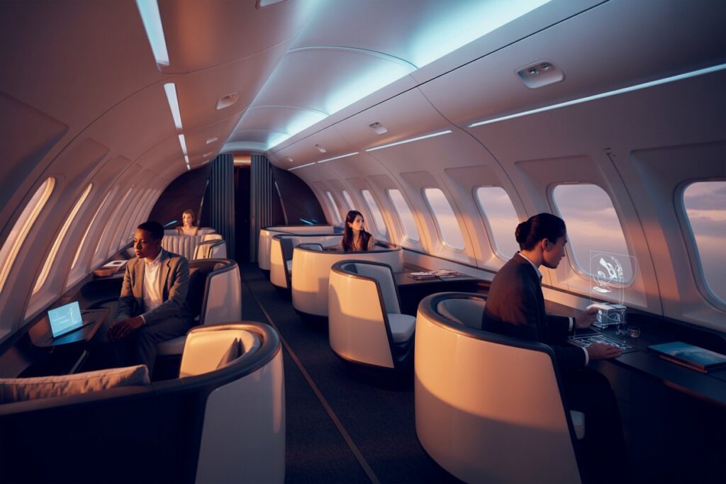 Inside a modern private jet cabin with individual workstations and holographic screens as passengers work at their desks by the windows.