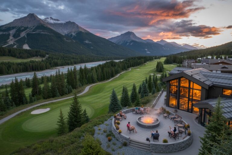 Outdoor resort terrace with a circular fire pit, guests seated around it, and a glass-walled lodge to the right, overlooking a river valley at sunset.