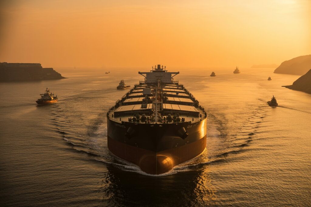 Massive oil tanker sails at sunset, escorted by several tugboats across a calm golden sea.