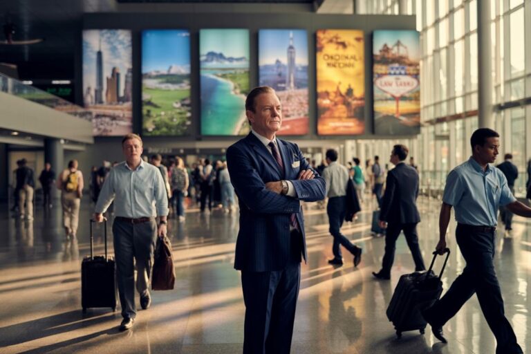 Businessman in a blue suit stands with arms crossed in a busy airport concourse as travelers pass by and colorful ads loom in the background.